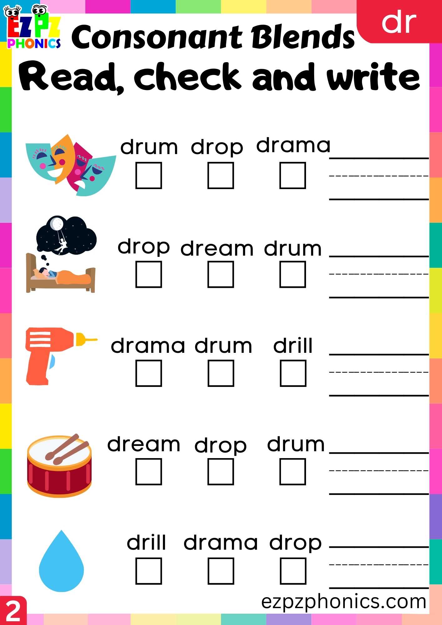 Group2 DR Words Read, Check And Write Phonics Consonant Blends Worksheet